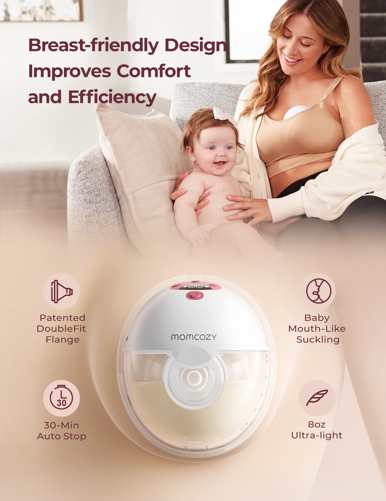 Momcozy M5 Smart App Control Hands Free Breast Pump, Wearable Breast Pump of Baby Mouth Double-Sealed Flange with 3 Modes & 9 Levels, Electric Pump Portable