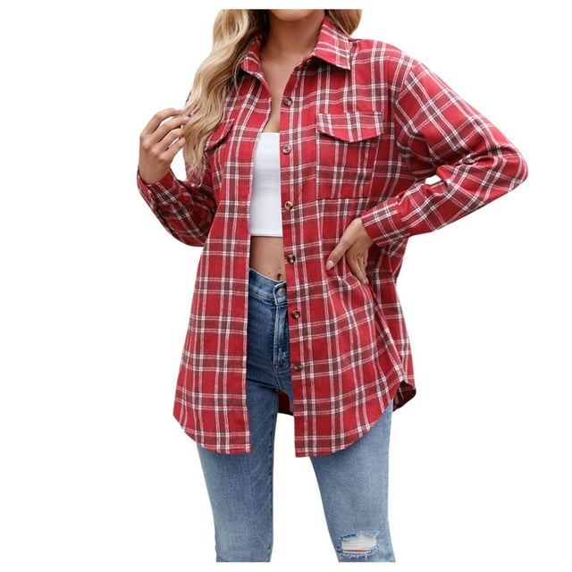 Chemise Classique à Carreaux en Flanelle à Manches Longues Surdimensionnée Décontractée pour Femmes