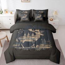 Feelyou Rustic Moose Deer Bedding Comforter Set 7pcs, Lodge Cabin King Bedding Sets