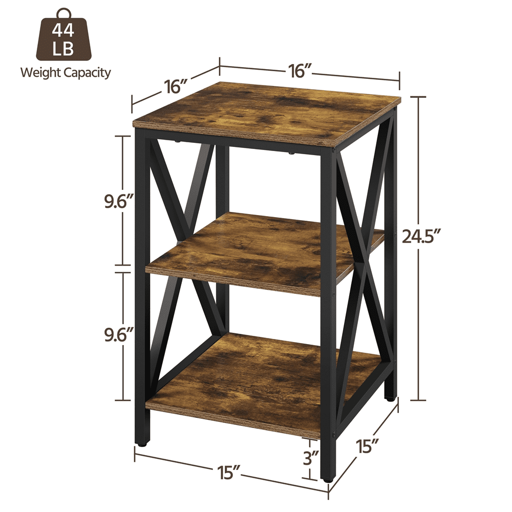 Alden Design Industrial 3-Tier Wooded End Table with Metal Frame for Living Room, Rustic Brown