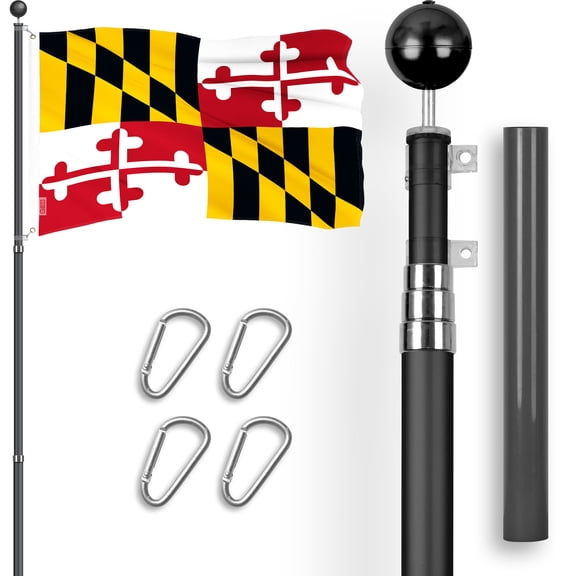 G128 Combo Pack: 16 Ft Telescoping Aluminum Flagpole (Black) & Maryland MD State Flag 3x5 Ft, ToughWeave Series Embroidered 300D Polyester | Pole with Flag Included