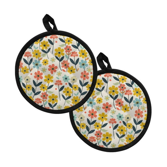 Xoenoiee 2 PCS Pot Holders Heat Resistant Non-Slip Grip Soft Cotton-Like Lining Hot Pads with Pockets for Kitchen Cooking Baking 8 Inch Round Decor, Colorful Flower