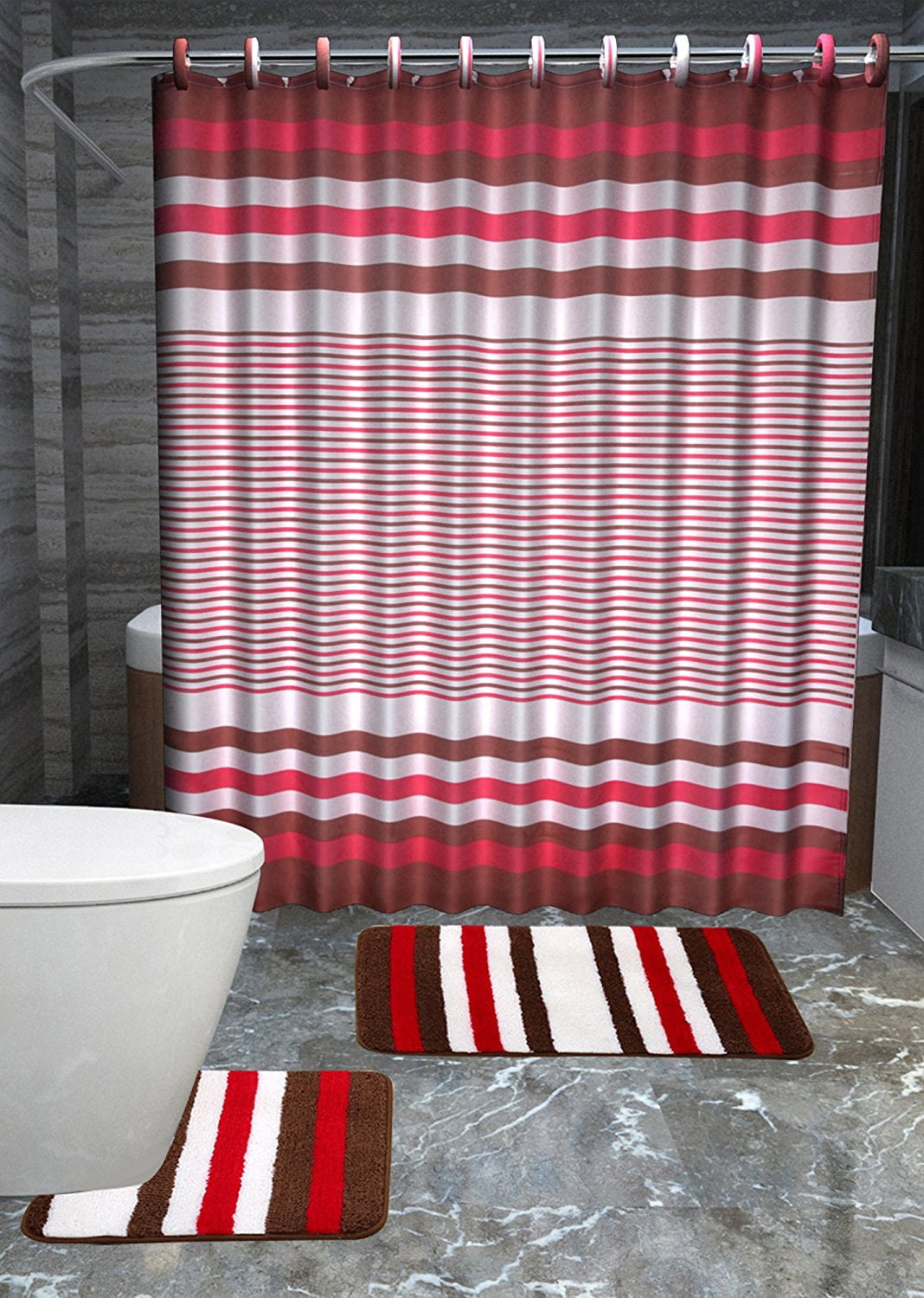 Burgundy & Brown 15pc Striped Bathroom Accessories Set Rugs Shower