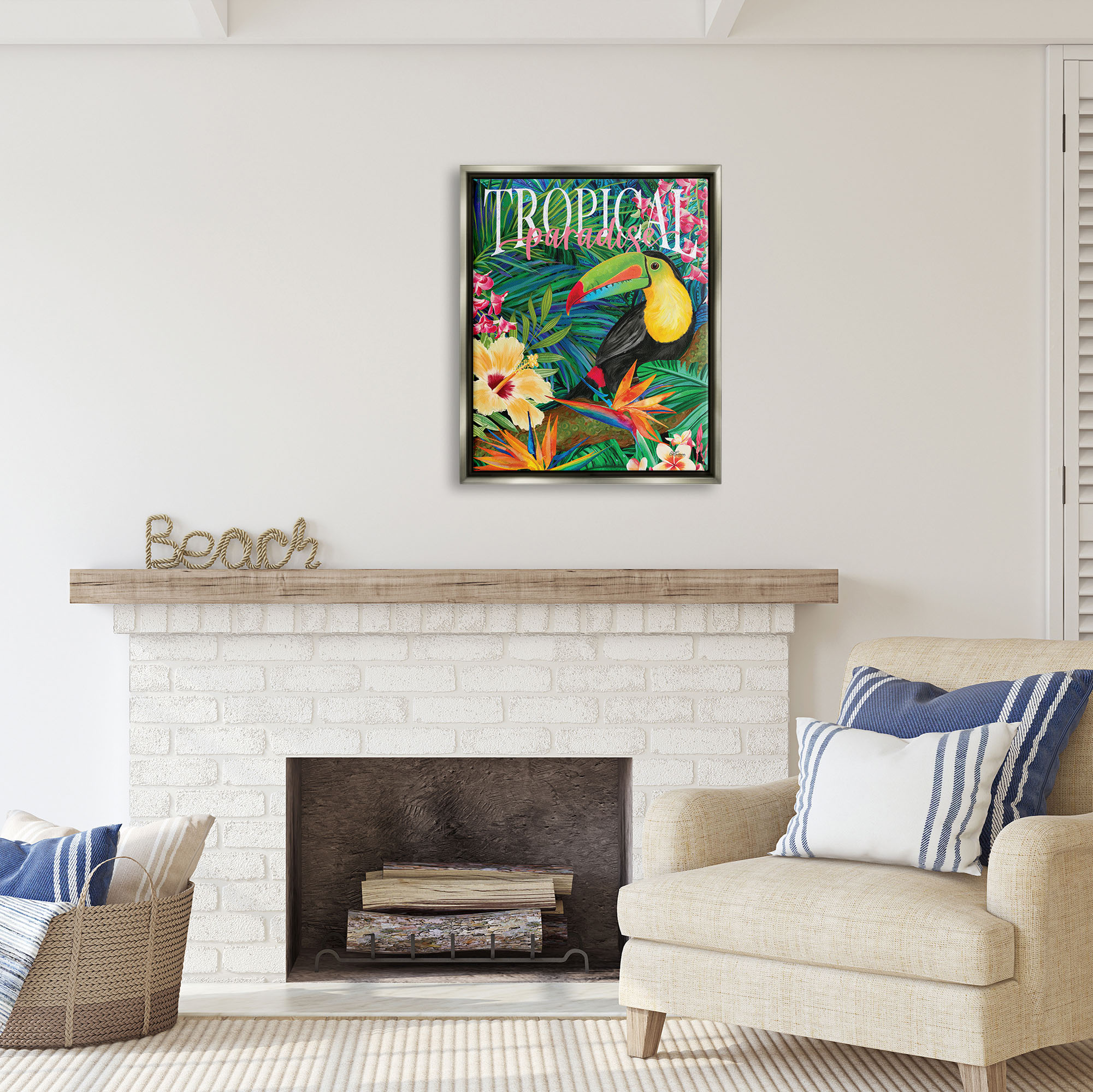 Stupell Industries Tropical Paradise Toucan Animals & Insects Painting Gray Floater Framed Art Print Wall Art, 25 x 31