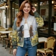 thumbnail image 2 of COEQINE Women's Bomber Jacket Zip Up Long Sleeve Varsity Shackets Lightweight Coat with Pockets, Stand Collar Loose Fit Casual Jacket Fall Winter Outfits, Small, Horse Floral Yellow, 2 of 7