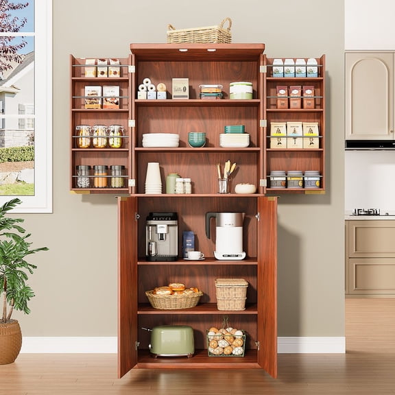 LUMAMIN  72" Tall Kitchen Pantry Cabinet with 6 Door Shelves and Adjustable Storage, Fluted Wood Cupboard Storage Cabinet for Dining or Living Room, 30"W x 15.75"D x 72"H, Walnut
