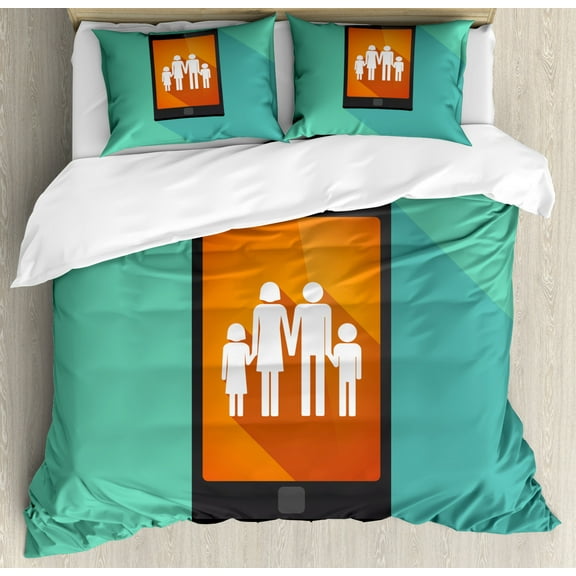 Call Mom Duvet Cover Set King Size, Cartoon Style Family Silhouette in Cellphone Pictograph Theme, Decorative 3 Piece Bedding Set with 2 Pillow Shams, Seafoam Orange Charcaol Grey, by Ambesonne