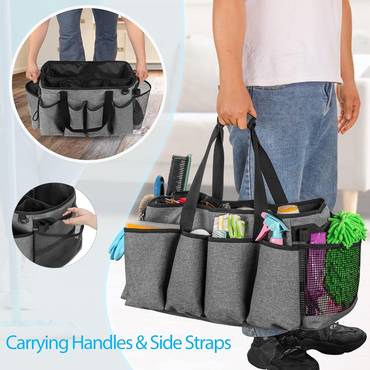 Extra-Large Cleaning Caddy, Cleaning Supplies Organizer with Handles for Cleaning Products Storage, Large Capacity Cleaning Tote Bag for Cleaning Tools for Car, Home & Housekeeping Work, Gray