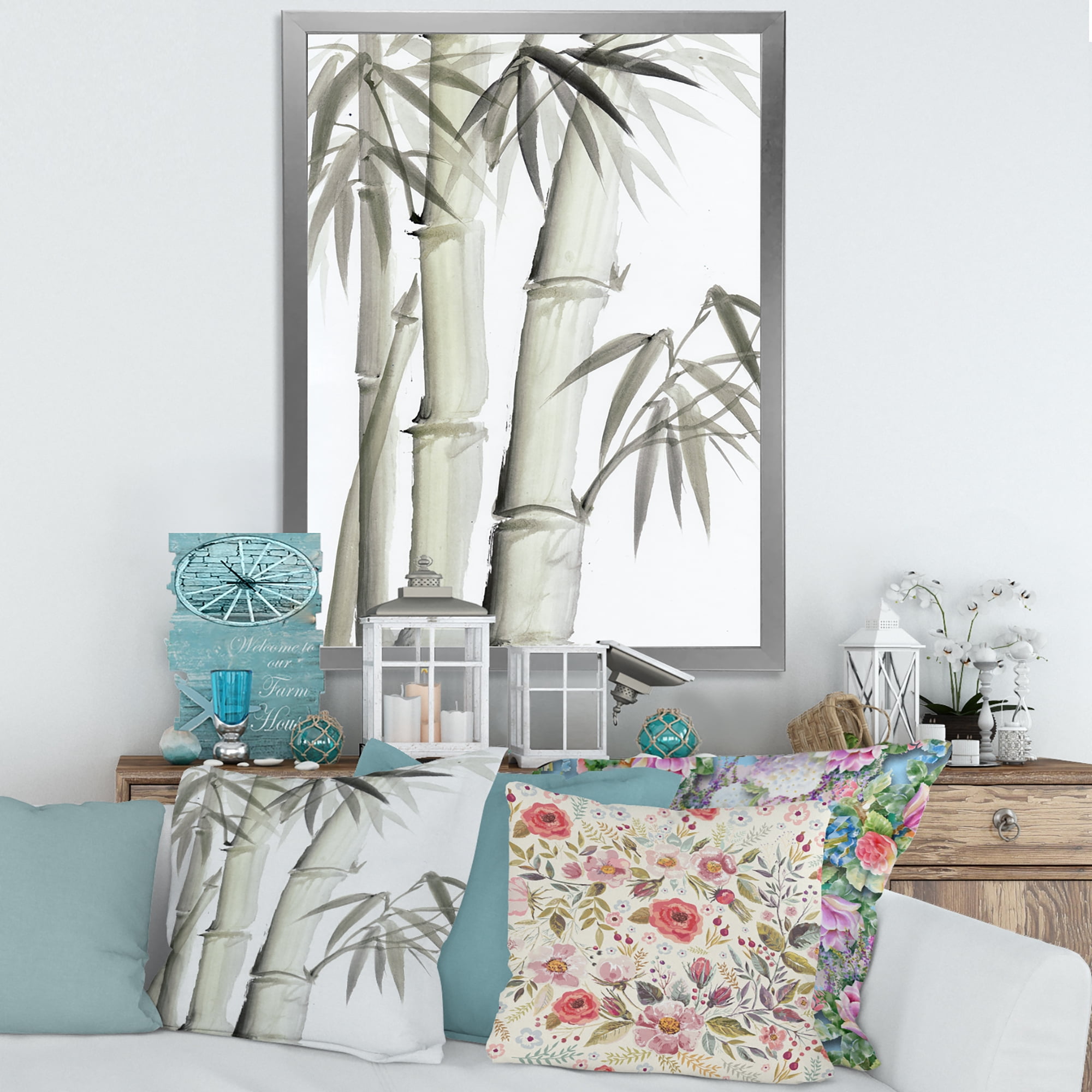 Designart 'Vintage Black and White Bamboo V' Lake House Framed Art Print