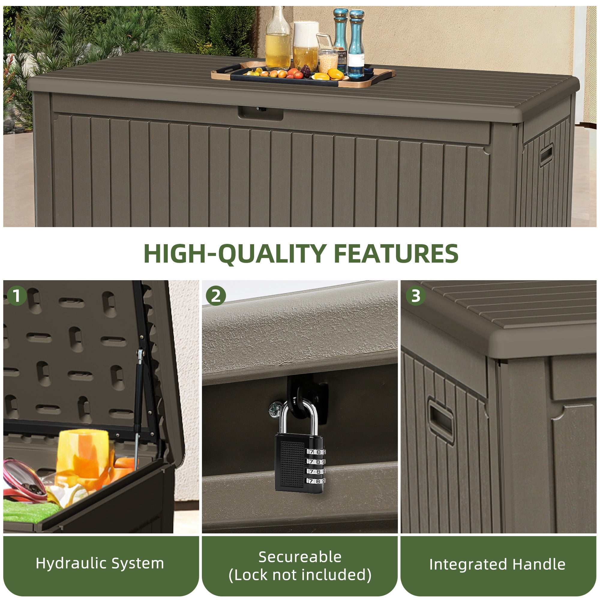 Uforic Outdoor 260 Gallon Large Resin Deck Box, Double-Wall Waterproof Lockable Storage Box with Flexible Divider & Side Handles, Light Brown