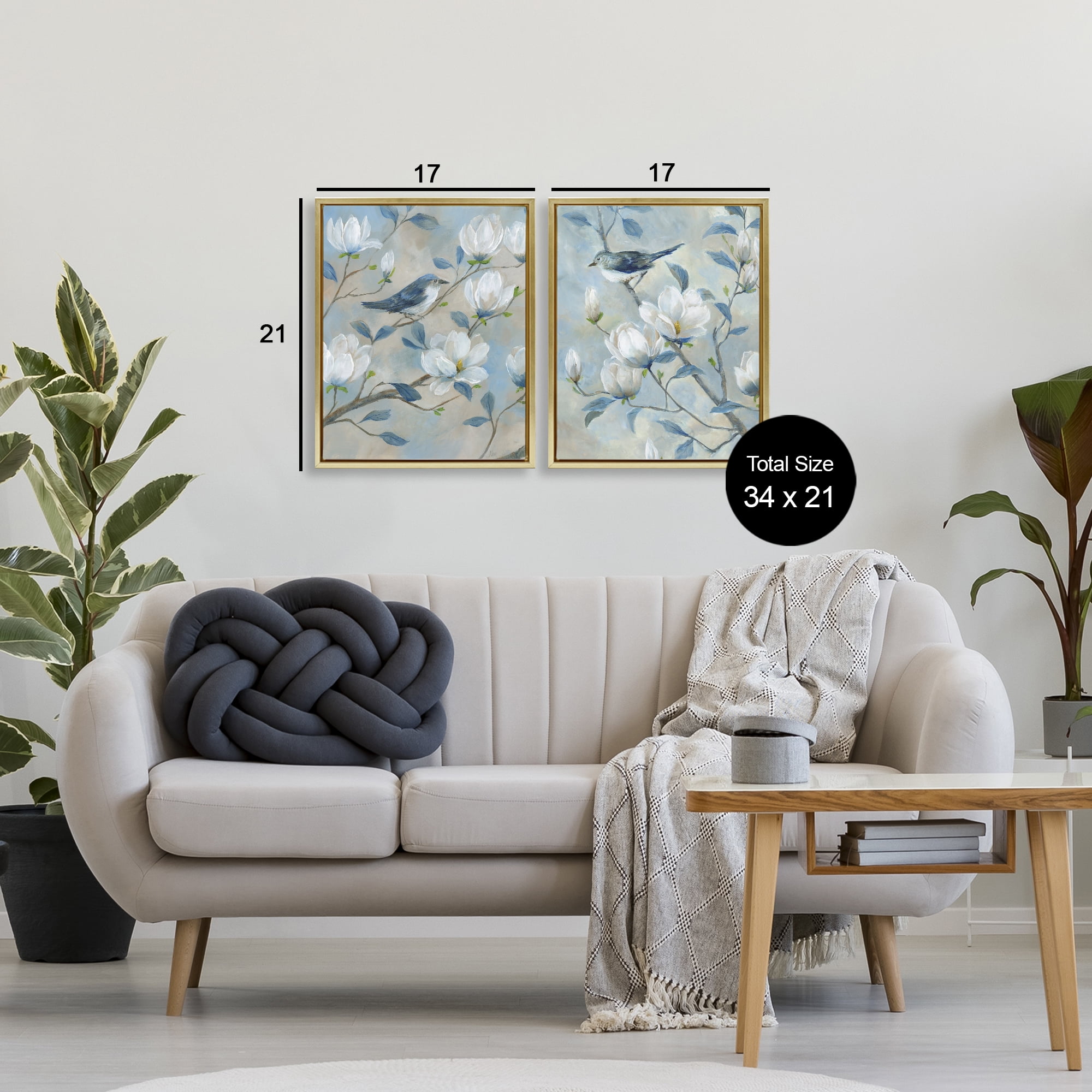 Stupell Industries Blue Birds in Magnolia Tree 2 Piece Gold Framed Floater Canvas Set, design by Nan