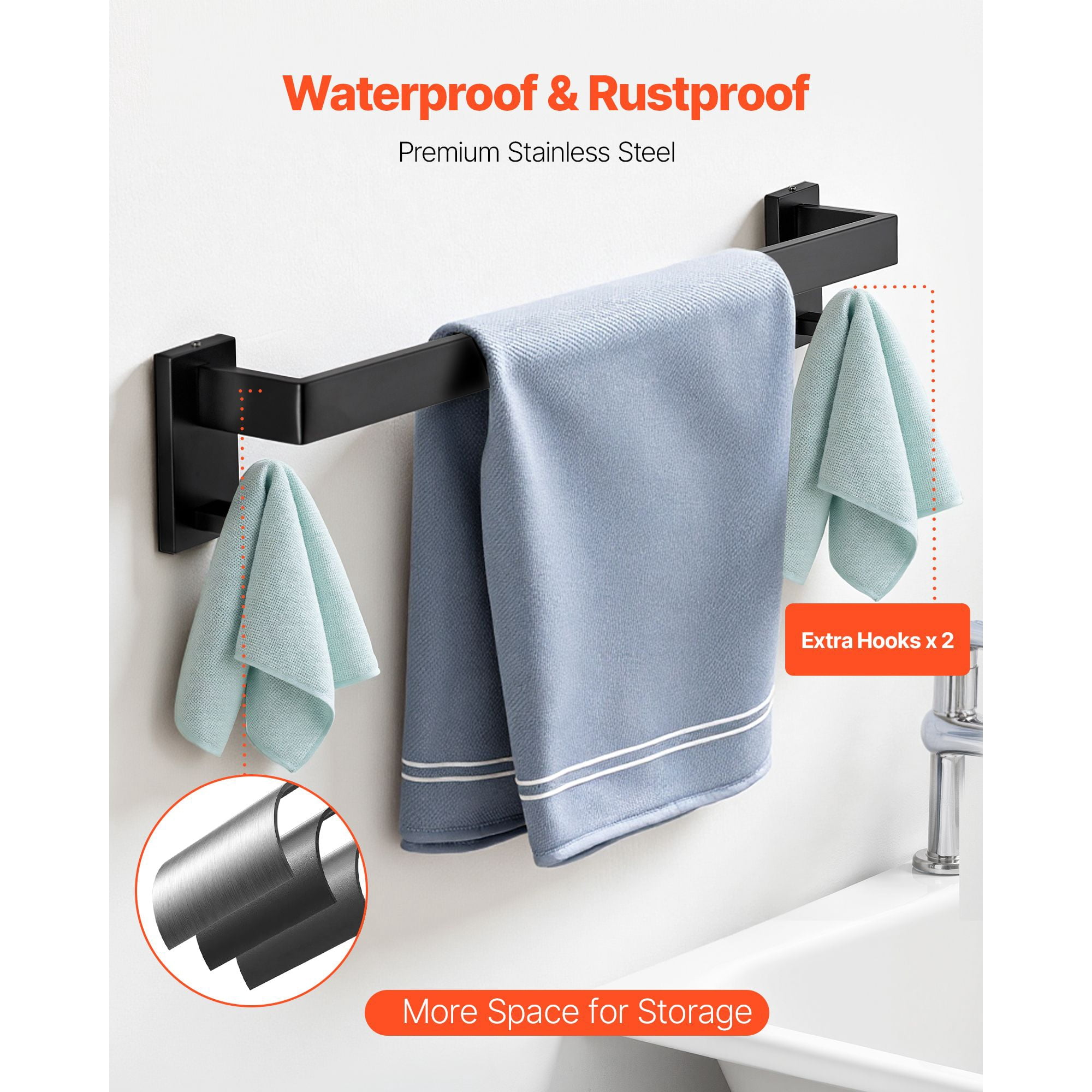10-Piece Bathroom Hardware Set, Matte Black Stainless Steel, Includes 2 Towel Bars with Hooks, 2 Towel Racks, 2 Toilet Paper Holders & 4 Robe Hooks, Wall-Mounted