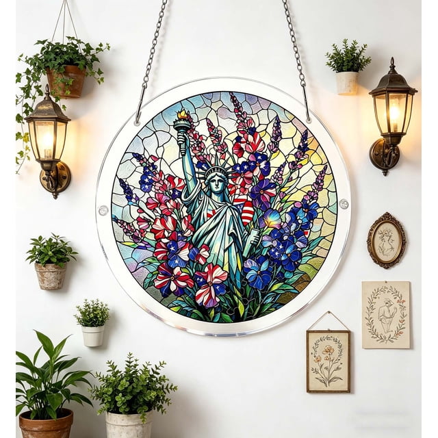 Patriotic Acrylic Suncatcher Stained Glass Style Window Hanging Ornament Independence Day Memorial Day Home Decor With Chain