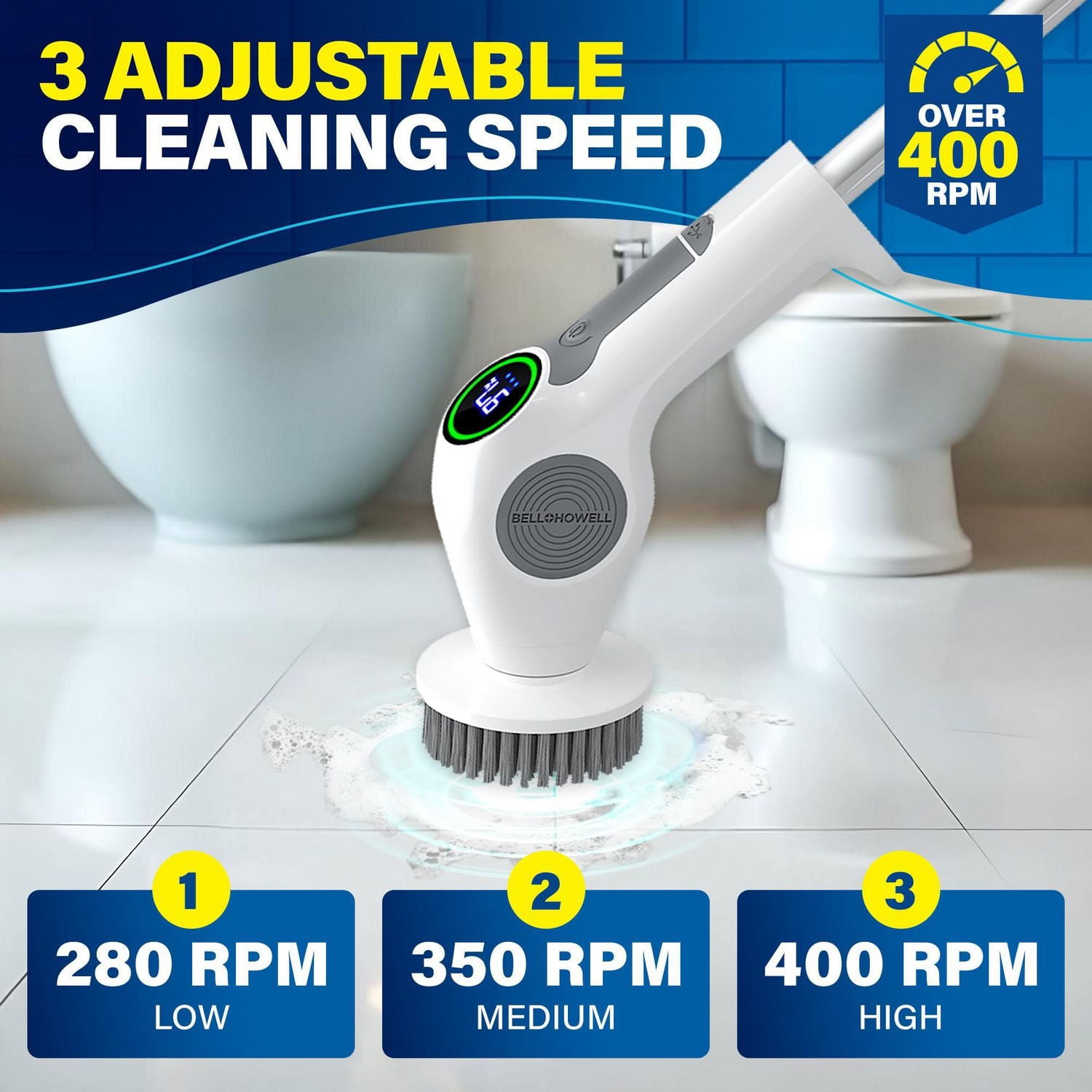 Bell + Howell Scrubtastic Pro 4 Piece Rechargeable Power Scrubber Set with 3 Speeds and Extendable Handle