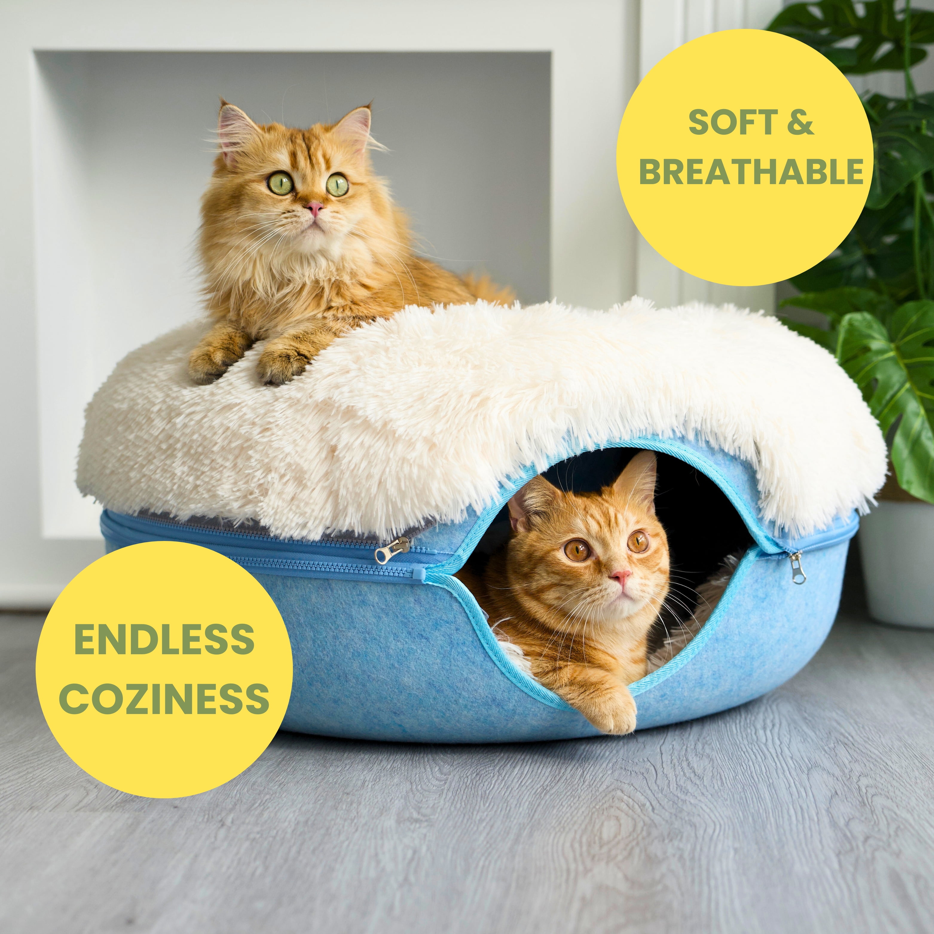 Cattasaurus Calming Donut Cat Cave for Multiple & Large Cats Up to 30-45 Lbs, Scratch Detachable & Washable Tunnel Bed, Comfy Donut Cat Cave (Blue, Large)