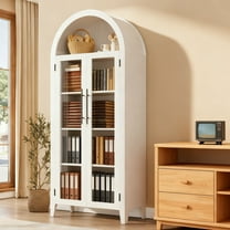 Farmhouse 5 Tier Bookcase Display Shelf, with Adjustable Shelf and 2 Large Glass Doors, Arched Kitchen Pantry Cabinet, Versatile Storage Cupboard, White