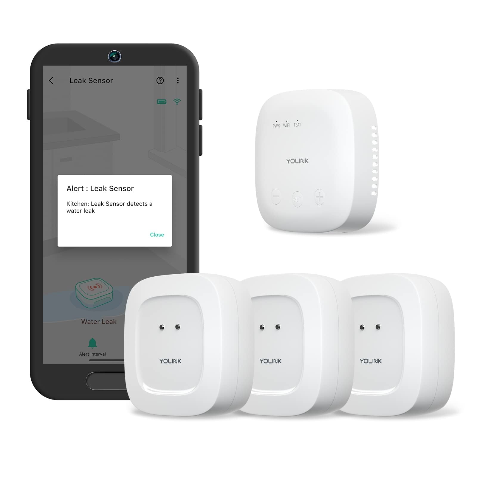 YoLink SpeakerHub & Three Water Leak Sensors Starter Kit – Plays Tones/Sounds, Spoken Messages, LoRa-Powered ¼ Mile Range, App alert, emails, SMS/Text, IFTTT