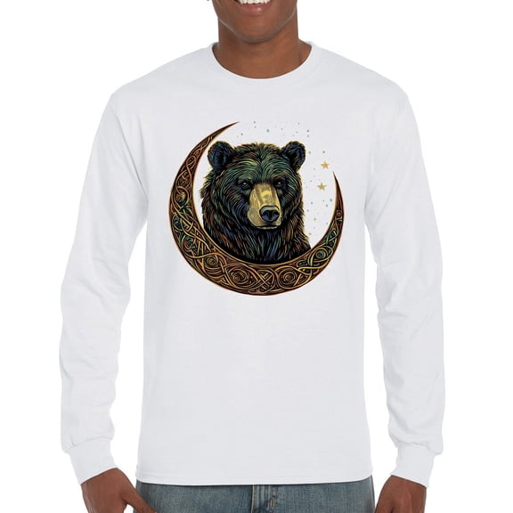 Celtic Moon Bear Long Sleeve T-shirt Mystical Forest Animal Wildlife Nature Spiritual Celestial Lunar Viking Valhala
