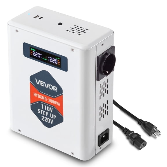 VEVOR Step Up Voltage Converter, 2000W, Heavy Duty Voltage Power Converter, 110V to 220V Power Transformer, with 2 EU Outlets, USB Output, LCD Display, Temperature Protection, for 220V Appliances