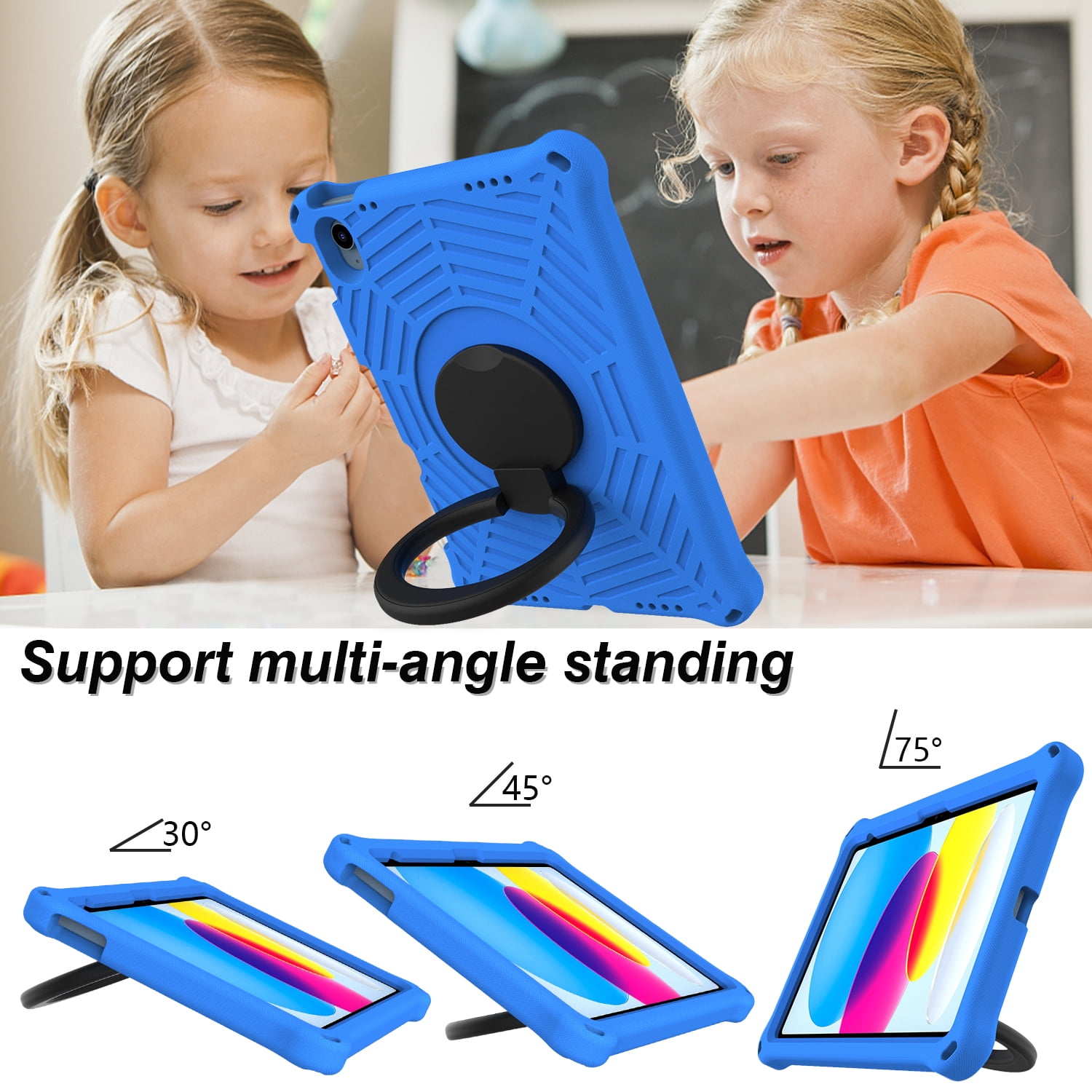 TECH CIRCLE iPad 10th Generation Case 2022 10.9 inch A2696 A2757 A2777, Heavy Duty Rugged Silicone Case with Swivel Ring Stand/Stable Kickstand/Shoulder Strap/Pencil Holder,Blue