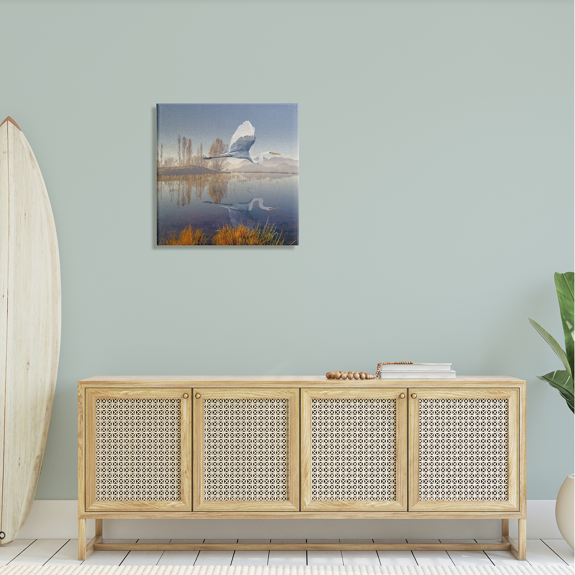 Stupell Heron Flying Lake Reflection Landscape Painting Gallery Wrapped Canvas Print Wall Art