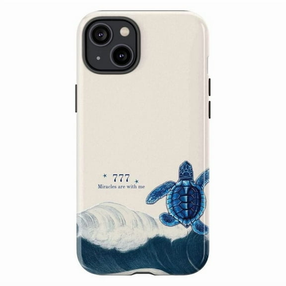 Blue Turtle Wave Phone Case, Inspirational "777 Miracles Are With Me" Design Protective Cover for iPhone 16 15 14 13 12 11 Pro Max Plus Mini