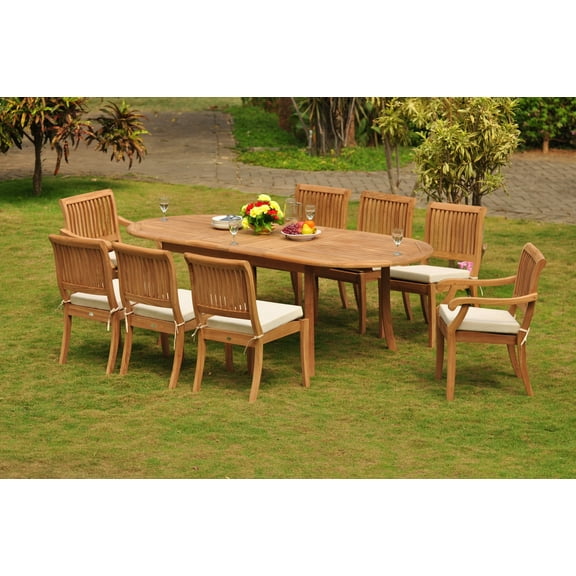 Teak Dining Set: 8 Seater 9 Pc: 94" Oval Table & 2 Stacking Arbor Arm & 6 Armless Chairs Outdoor Patio Grade-A Teak Wood WholesaleTeak #WMDSABz