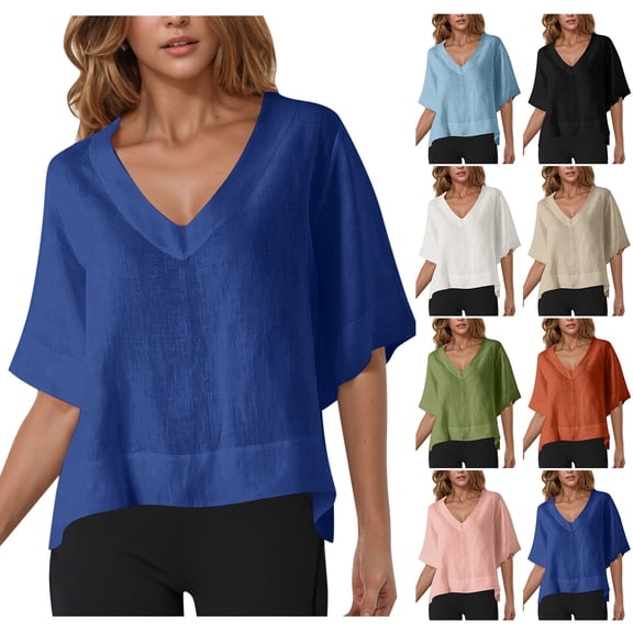 Olyvenn Womens Tops Summer Short Sleeve T Shirt V Neck Casual Pullover Tops Vintage Boho Blouse Solid Color Travel Outfits Blue XXL