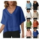 thumbnail image 1 of Conjuntos de maestra/o,Camisa de lino con cuello en V para mujer, manga corta, corte holgado, color liso, para uso diario y en casa, sopatenor, 1 of 8