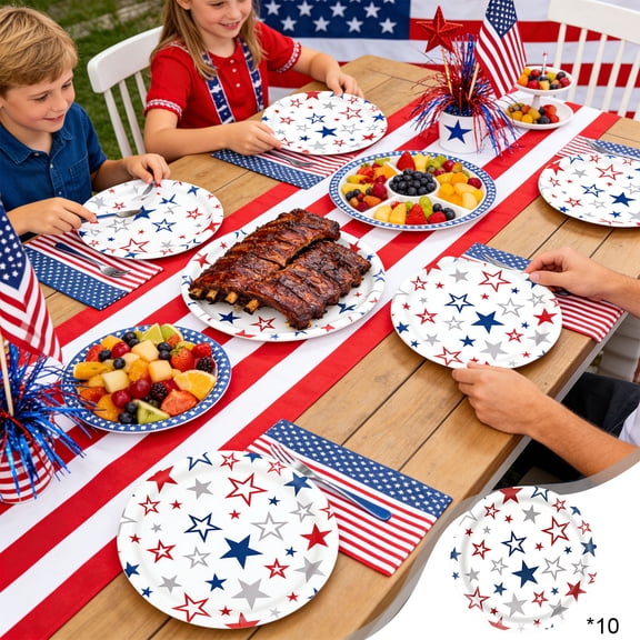 Cififendec 10Pcs 4th of July Disposable Paper Plates, Patriotic American Flag Red Blue White Stars Stripes Paper Plates for 250th Anniversary Party