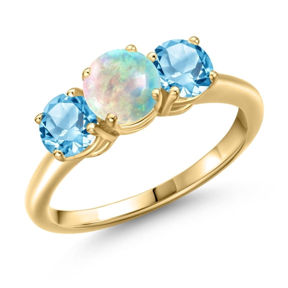 Gem Stone King 18K Yellow Gold Plated Silver Simulated White Opal and Swiss Blue Topaz Engagement Ring for Women | 1.60 Cttw | Round Cabochon 6MM | Gemstone October Birthstone | Size 8