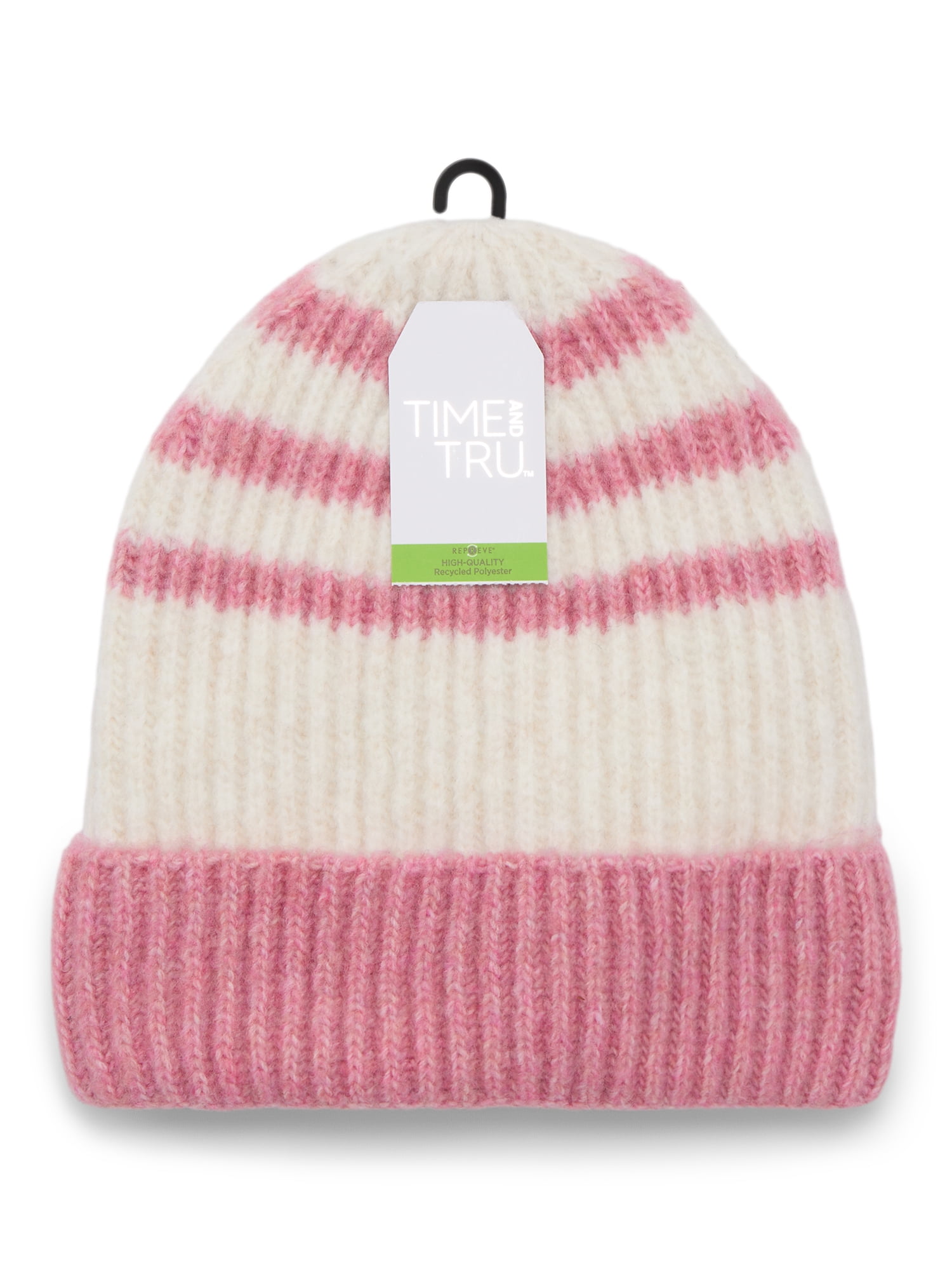 Time and Tru Women's Sporty Stripe Beanie, One Size Fits Most, Pink Combo