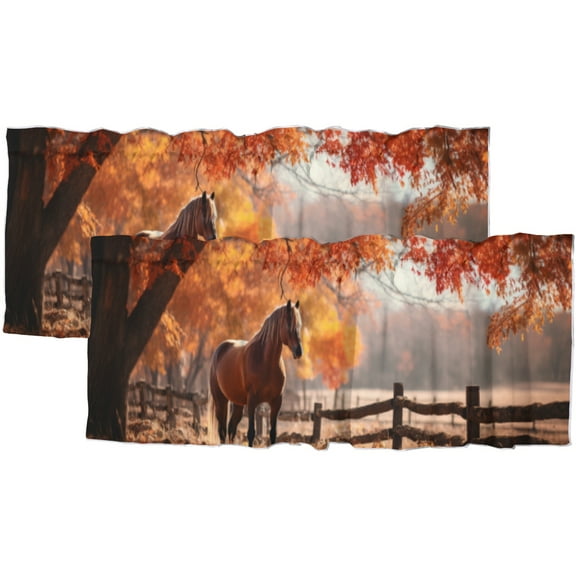 Horse Window Curtain Valances American Western Rustic Farm Maple Leaves Autumn Rod Pocket Window Valance for Living Room Bathroom Bedroom Kitchen 54 by 18 in, 2 Panel