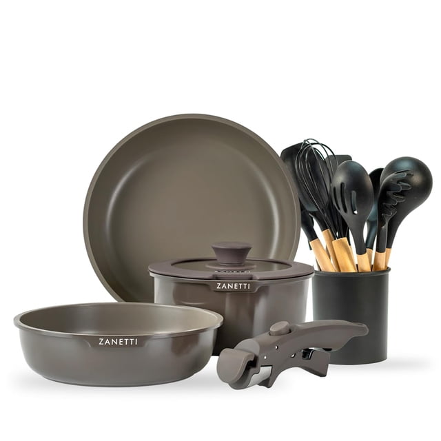 Batería de Sartenes Juego de 17 Piezas 2 sartenes 1 olla con recubrimiento antiadherente de granito gris con tapa 1 mango extraíble y 11 utensilios Co