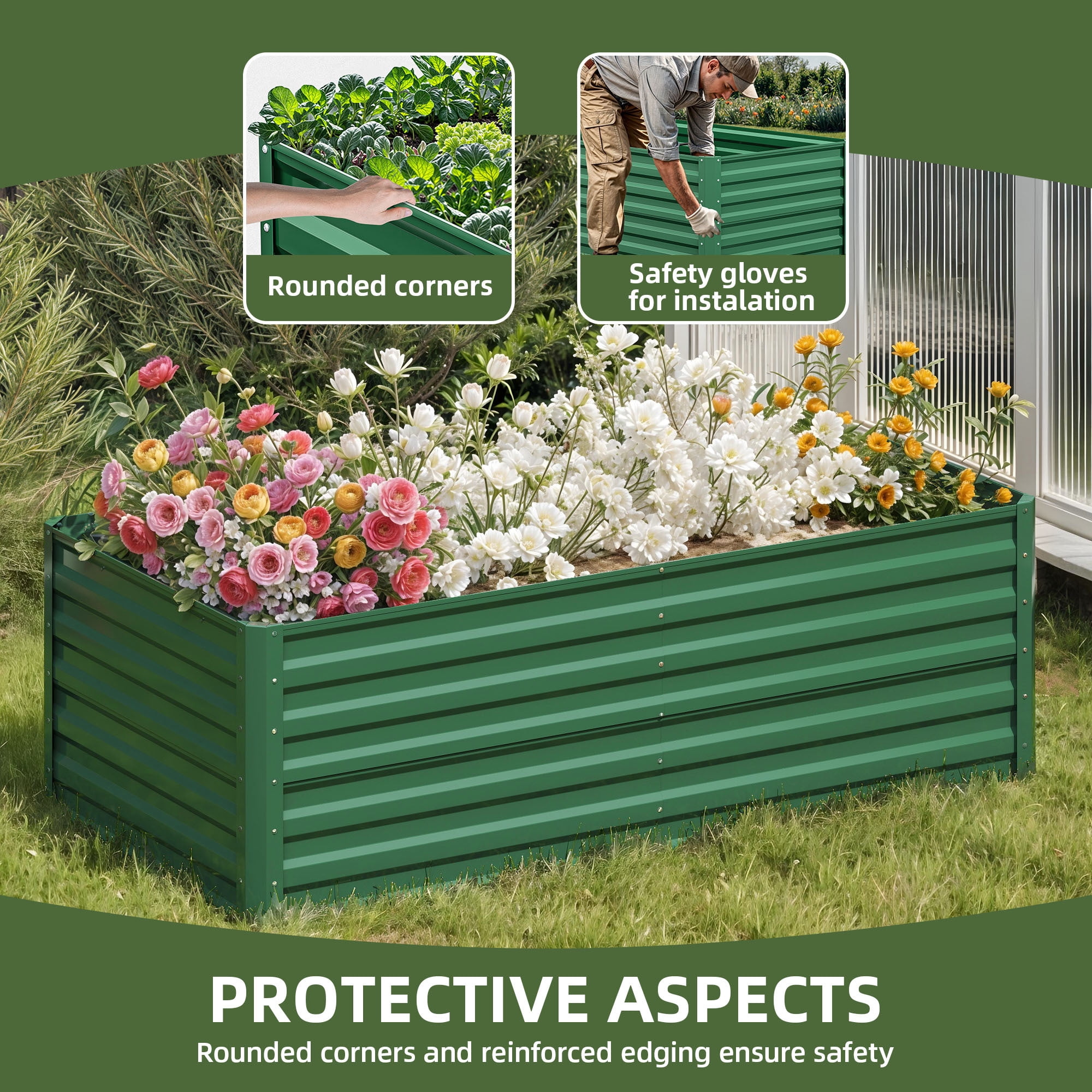 Uforic Galvanized Raised Garden Bed Kit, Metal Planter Box with Gloves, Metal Raised Garden Beds for Vegetables,Green,6x3x2ft