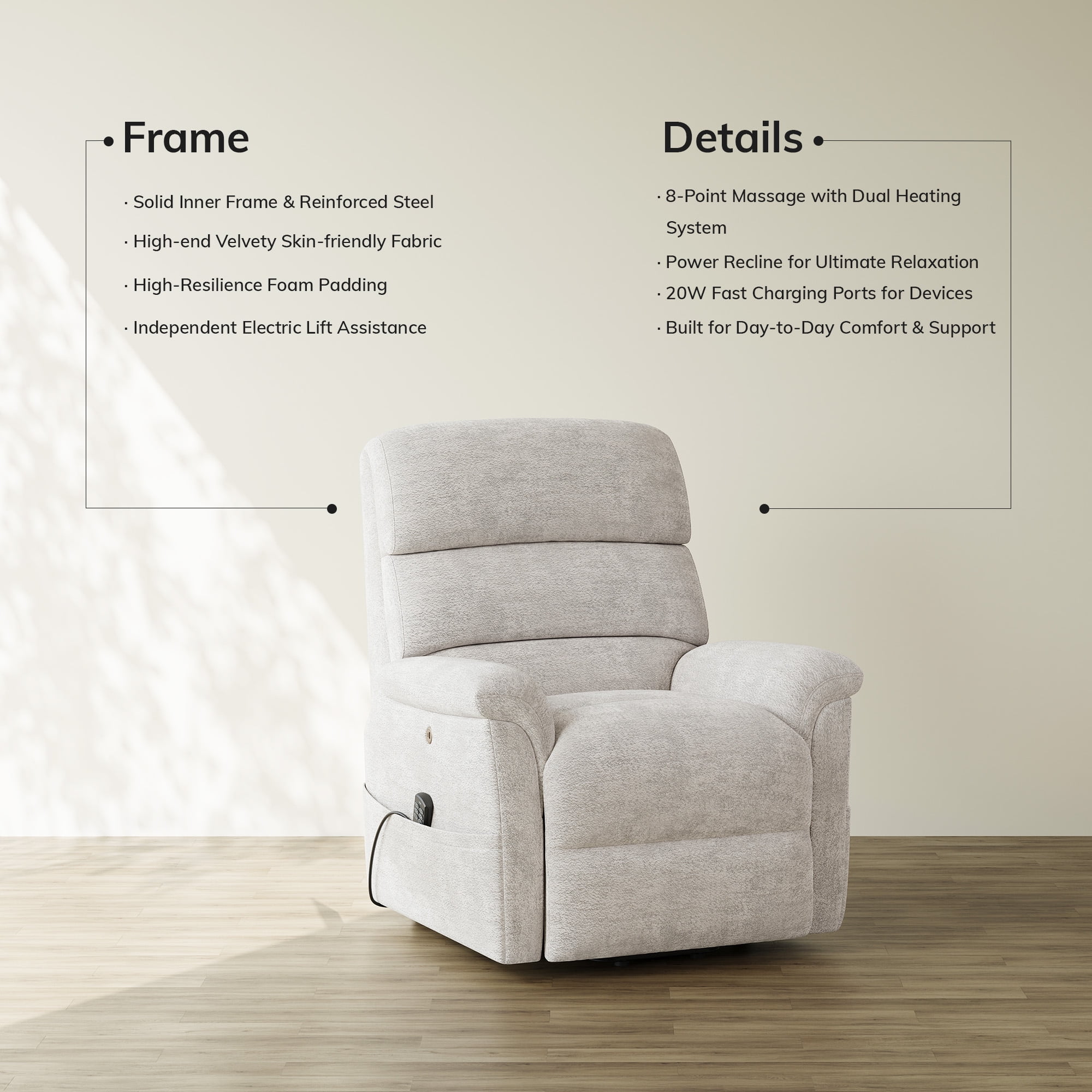 COLAMY Power Lift Recliner Chair for Elderly, Electric Massage and Heat Sofa with Lift Assistance, 20W USB and Type-C Fast Charging, Beige