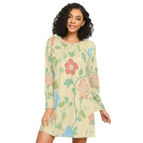 FORMRS Womens Long Sleeve Nightgowns Crew Neck Sleep Shirt Soft Pajamas Sizes S-3XL, Colorful Flower