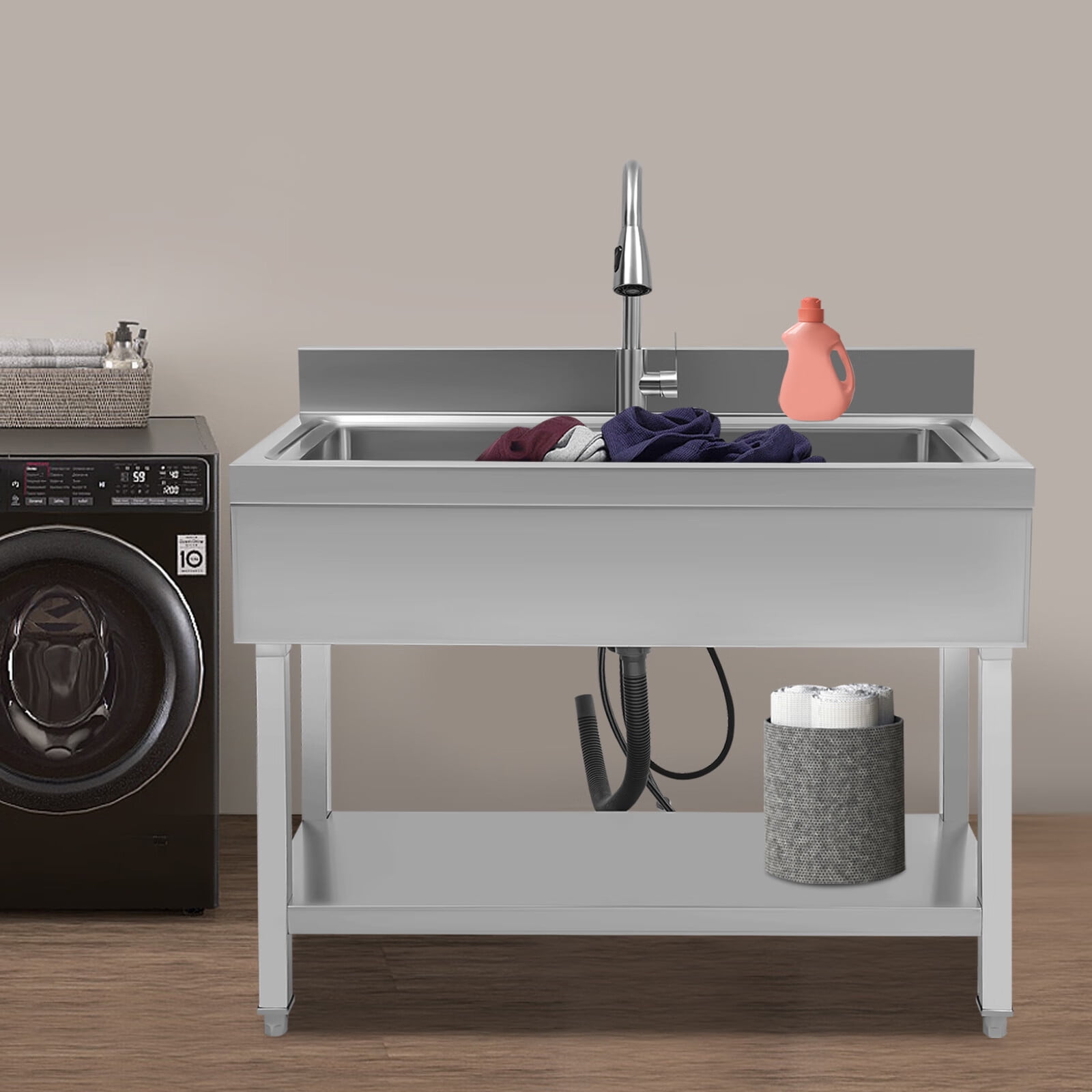 Loyalheartdy Stainless Steel Commercial Sink Freestanding Single High Capacity Utility Sinks with Pull-Out Faucet & Storage Shelf for Kitchen Laundry Room Garage Outdoor Garden 36" x 20" x 49"
