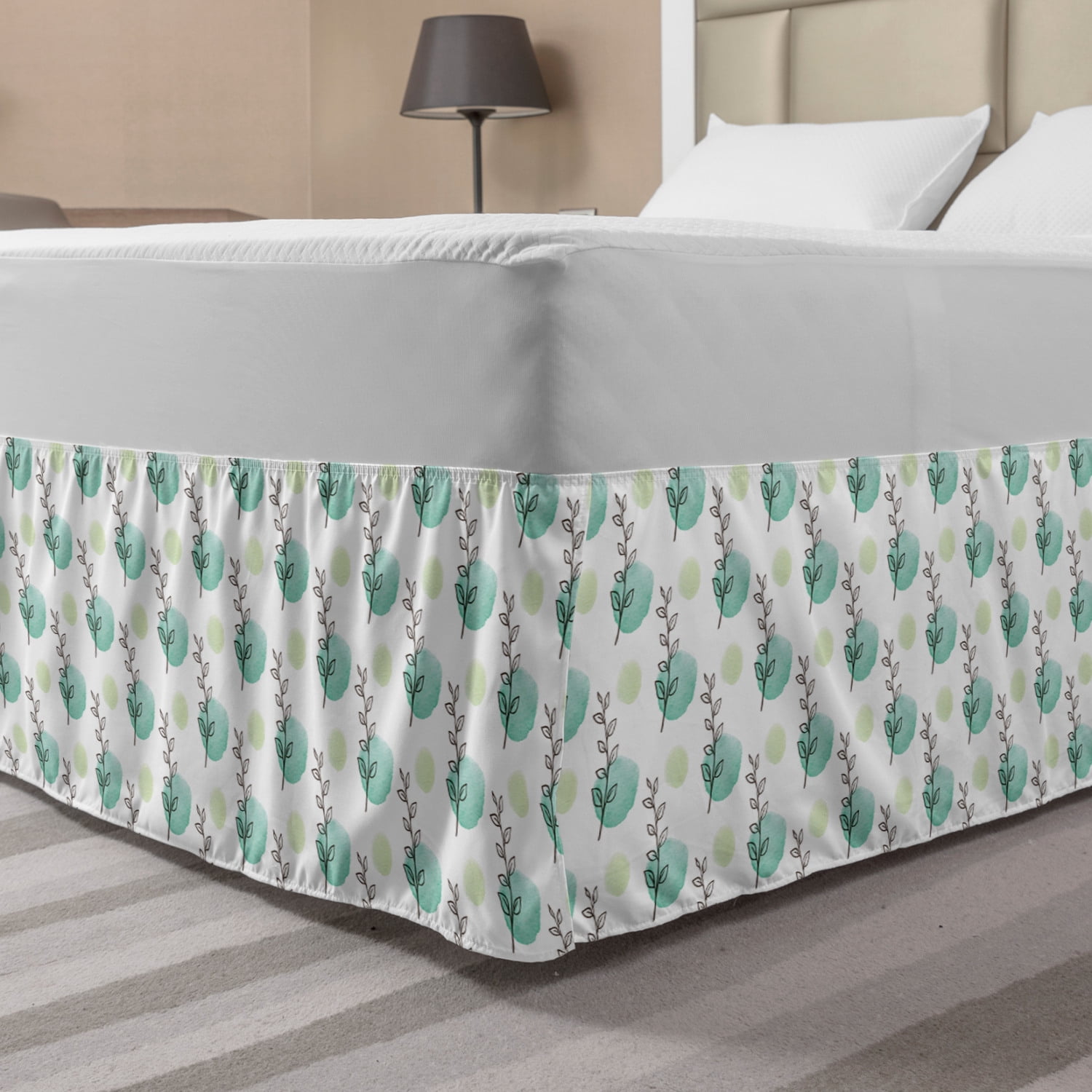 Botanical Bed Skirt, Watercolor Leaves and Herbs Motif Spring