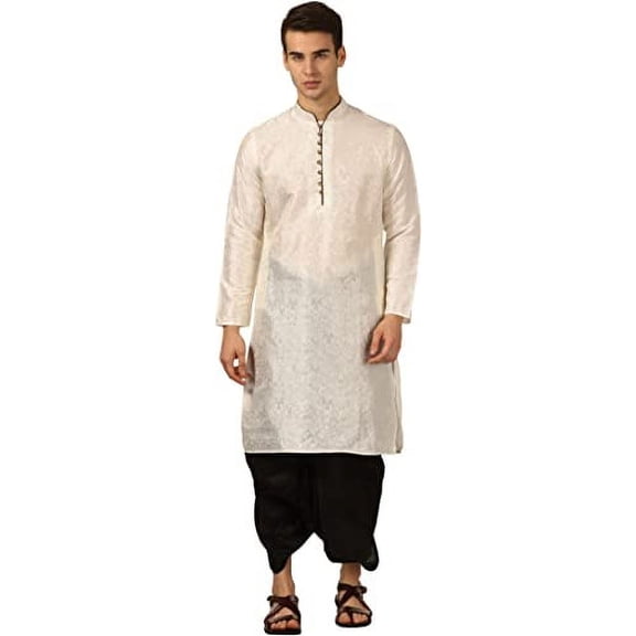 Royal Kurta Men's Silk Blend Dhoti Kurta Set (42, Beige)