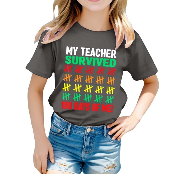 Toddler Girls Tops & T-Shirts 100 Days Of School Print Round Neck Short Sleeve Casual Tshirts Outwear,Gray,8-9 Years