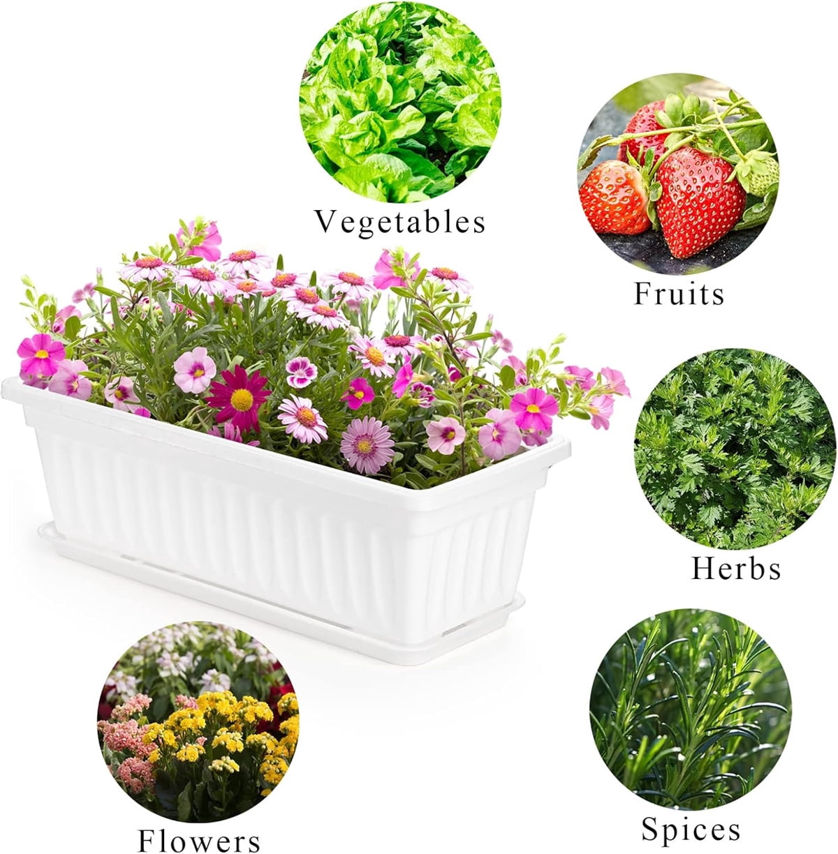 Window Box Planter with Saucers,Bexikou 3 Pack Plastic Vegetable Flower Planters Boxes 17 inches Rectangular Flower Pots for Indoor Outdoor Garden, Patio, Home Decor (White)