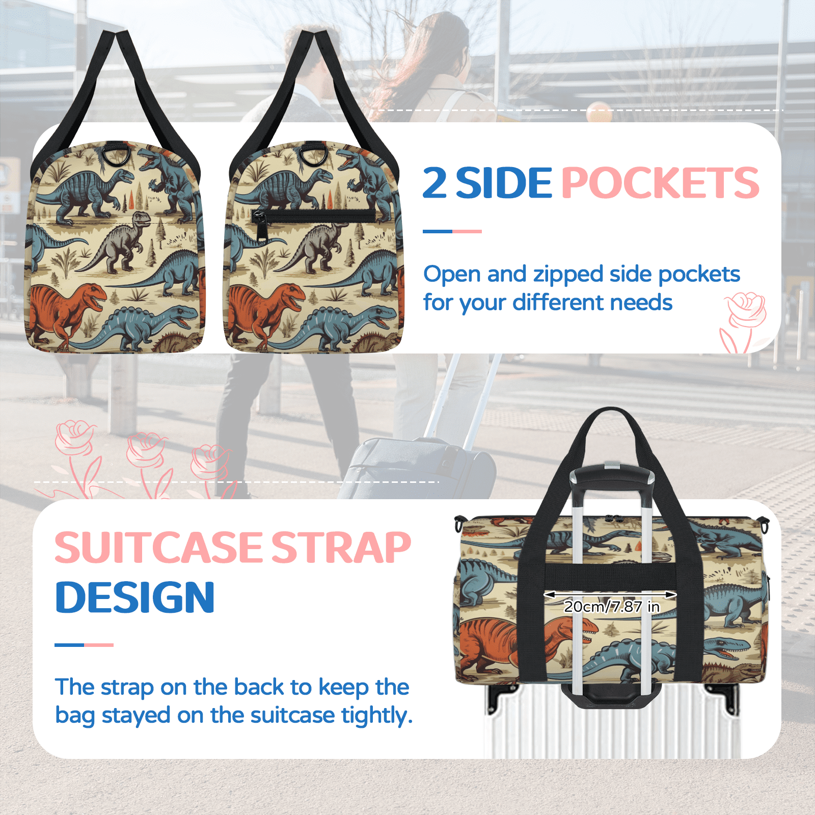 Herdesigns Dinosaur Cartoon Dino Travel Duffle Bag Sports Yoga Weekender Overnight Carry on Workout Bags Lightweight Waterproof Gym Tote Bag for Women