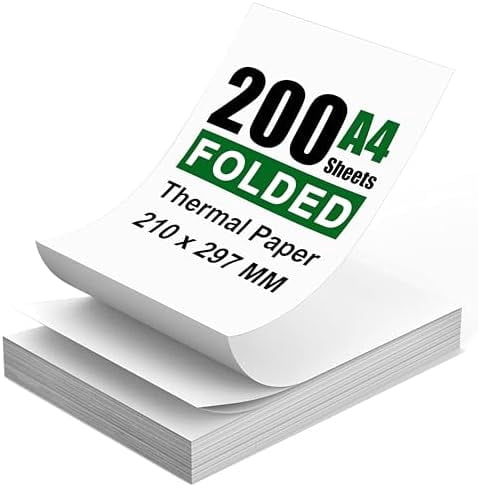 200 Sheets A4 Thermal Paper (Folded), 8.27x11.69' Thermal Paper(210 x 297 mm) for Portable Thermal Printer, Compatible with No Ink Printer, for Travel or Home Work, Printing Contract, Picture, etc