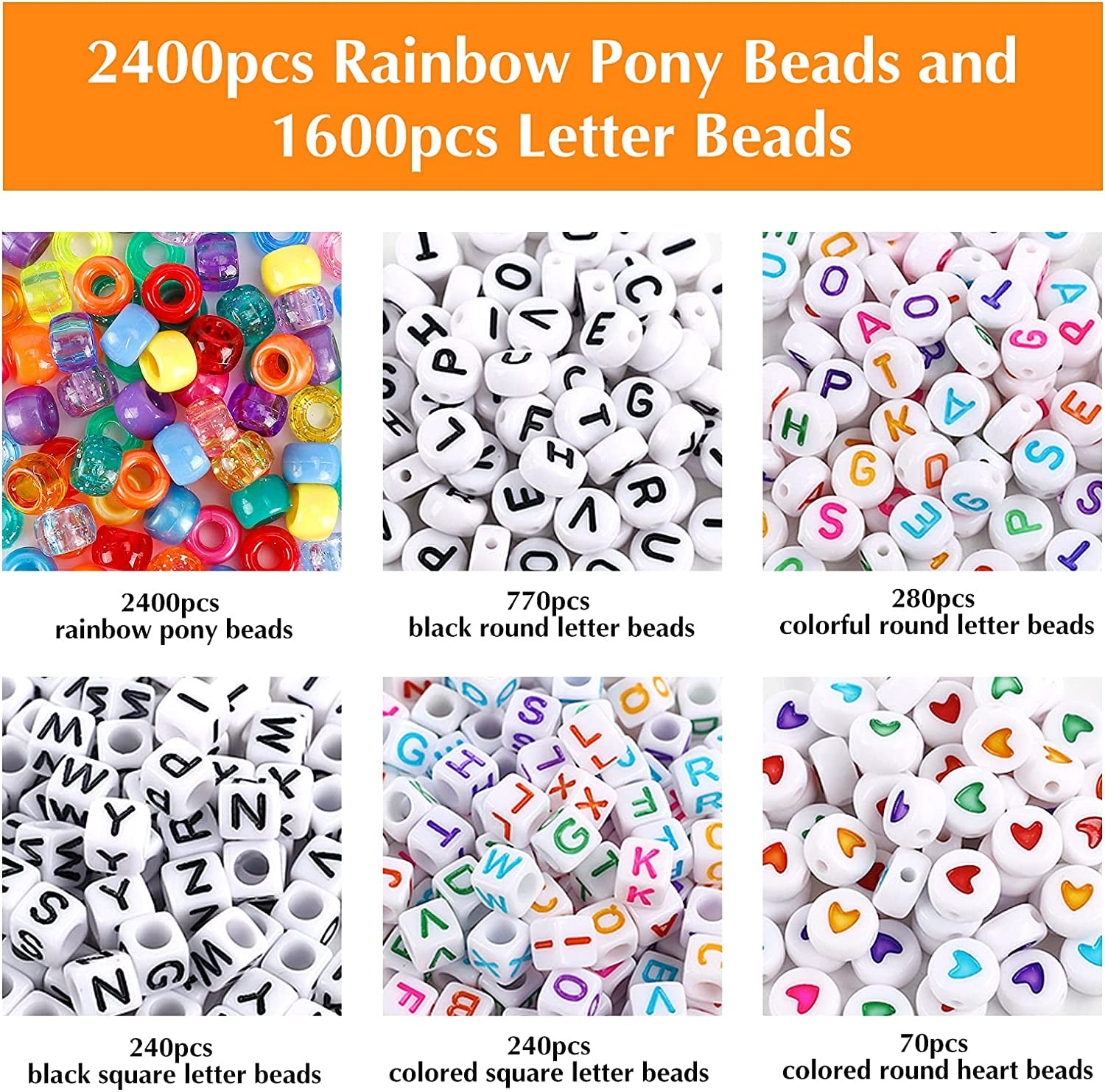 4000pcs Kandi Pony Beads Kit, Rainbow & Letter Beads with Elastic String