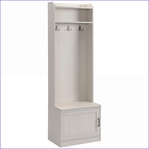 Hall Tree with Coat Rack | Rustic White Wood Grain Entryway Bench with Shoe Storage | White | Particle Board