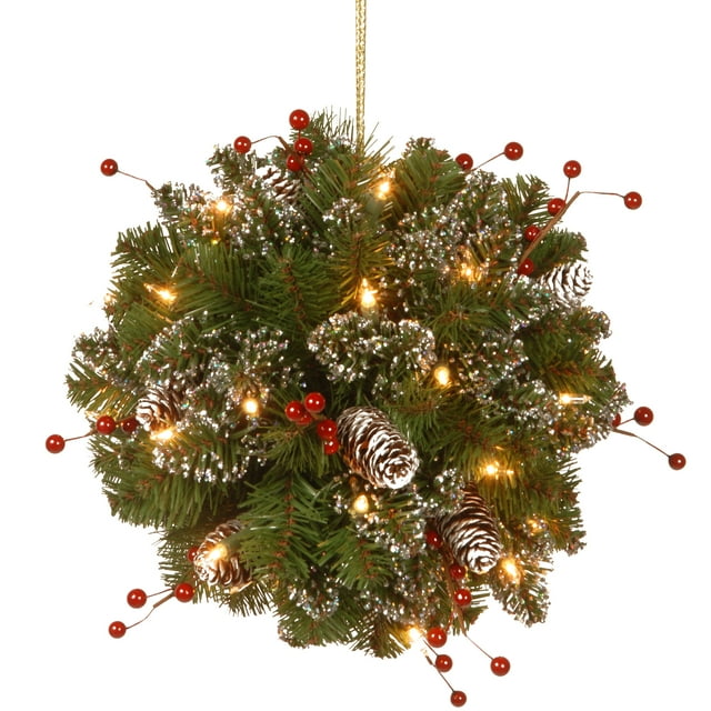 12 "Scintillant Montagne Épicéa Baiser Boule avec des Cônes à Bords Blancs, Baies Rouges et 35 Piles Fonctionnent Lumière LED Blanc Chaud