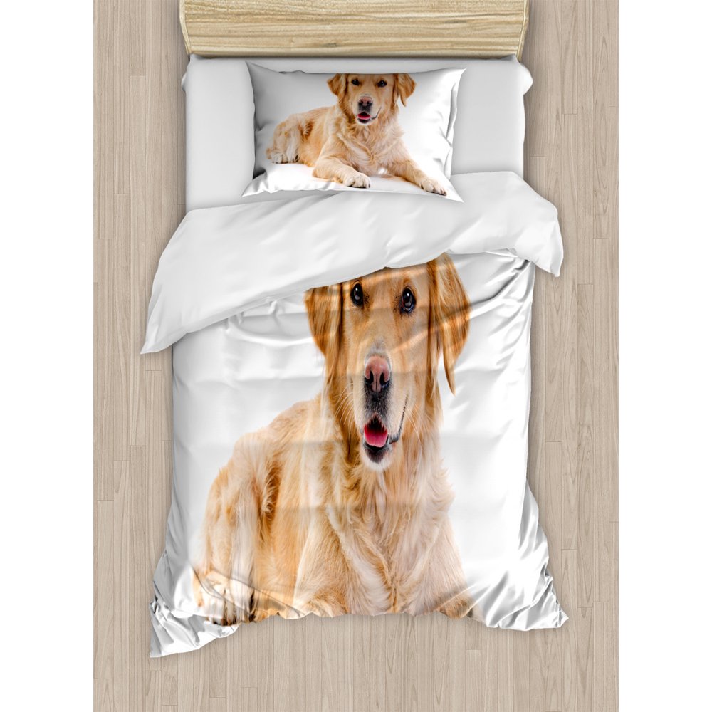 Golden Retriever Duvet Cover Set Twin Size, Young Pedigree Puppy Laying