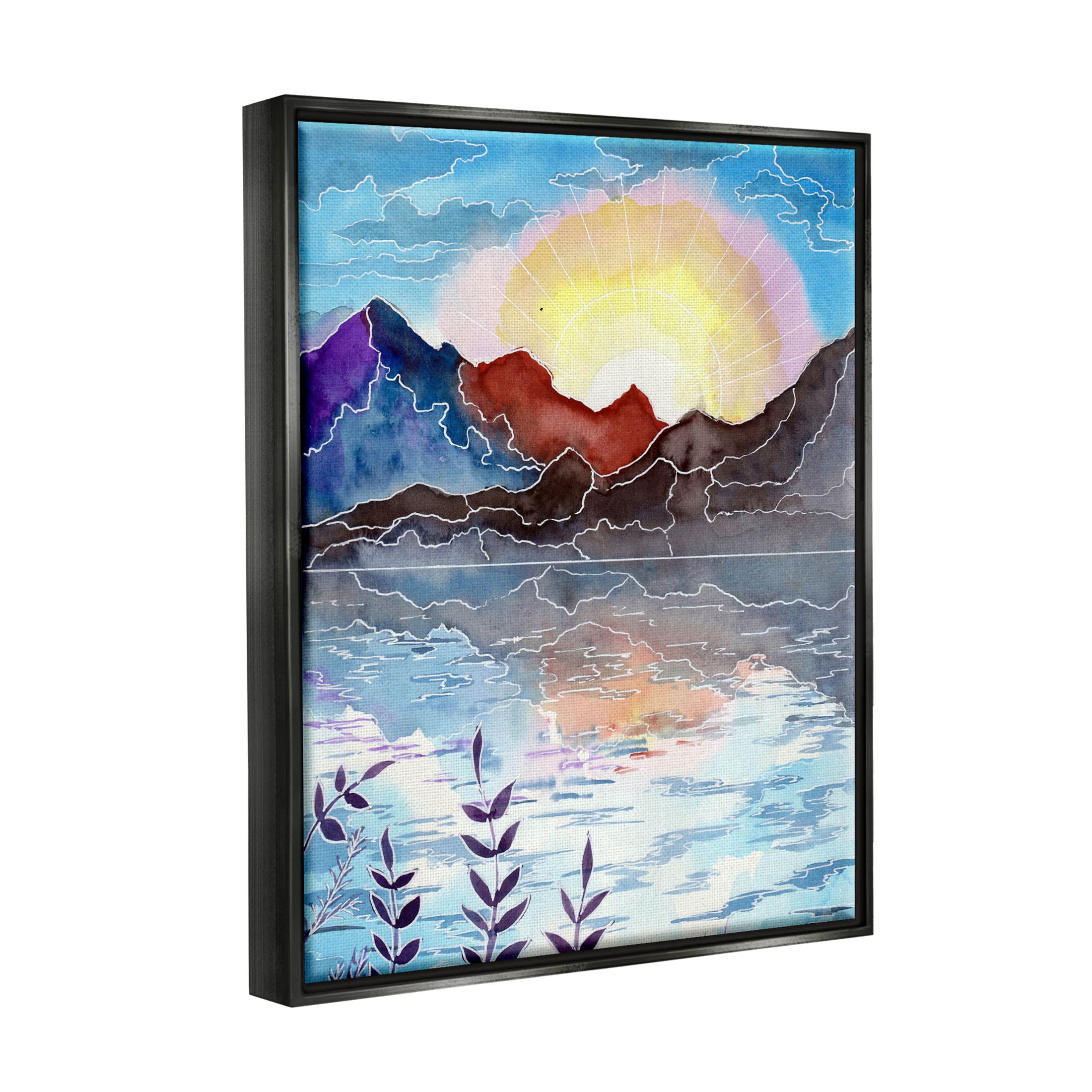 Mountain Lake Nature Outline Landscape Graphic Art Jet Black Framed Art Print Wall Art