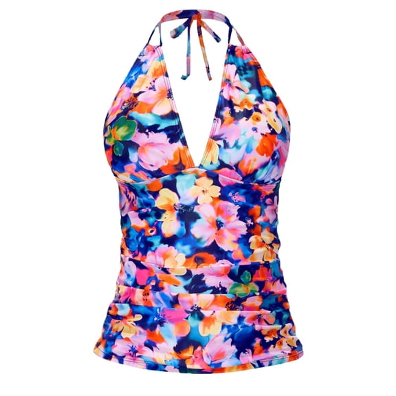 V Neck Tankini Tops for Women Swimwear Top Only Floral Halter Floral Swimsuits Tops Summer Beach Bathing Suit Tops Blue L
